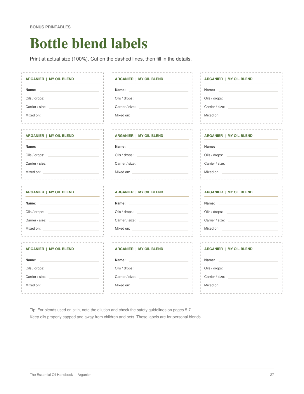 Printable essential oil bottle labels in Arganier's six-page PDF worksheet pack