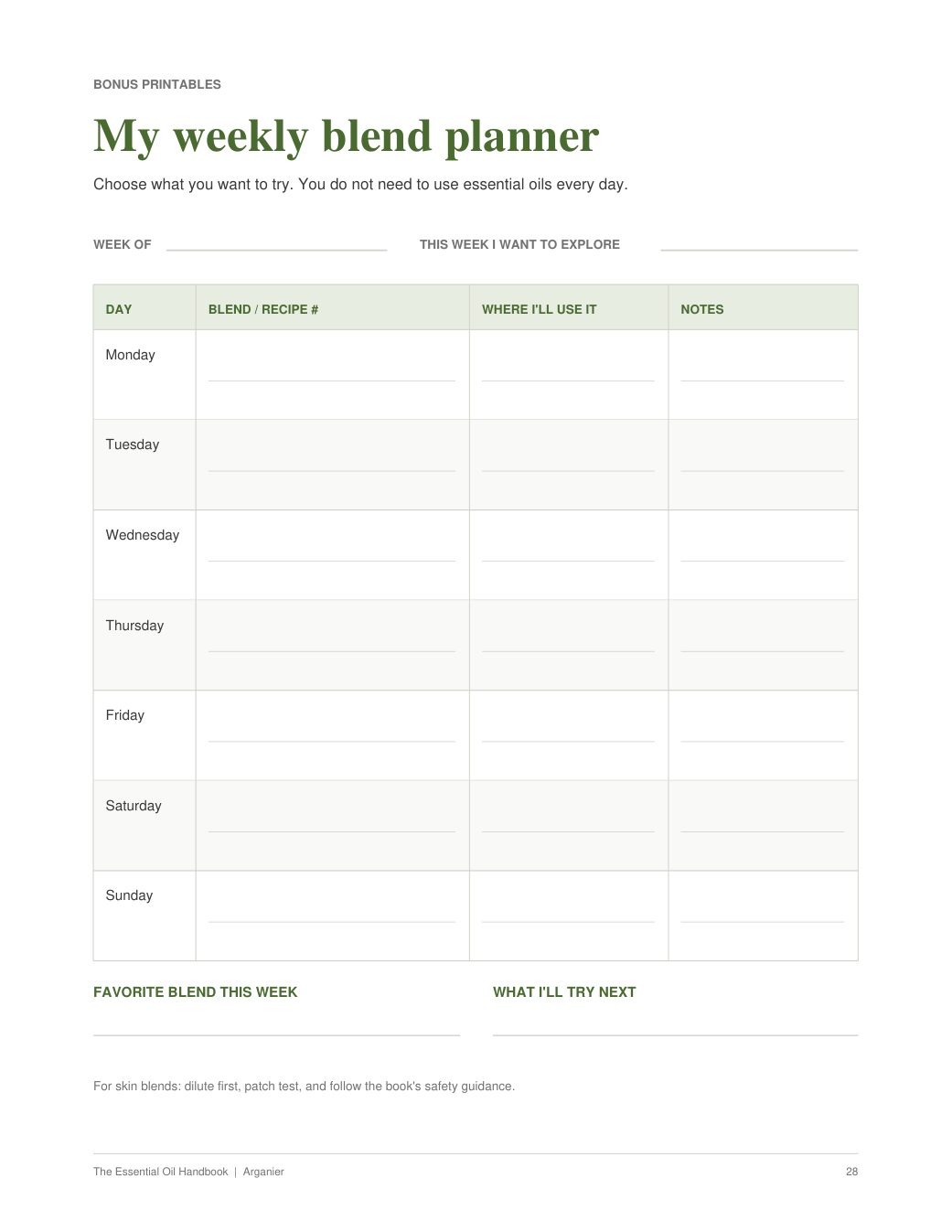 Printable weekly essential oil blend planner worksheet included in Arganier PDF pack