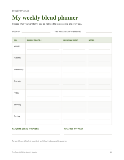 Printable weekly aromatherapy recipe planner worksheet inside the Essential Oil Handbook