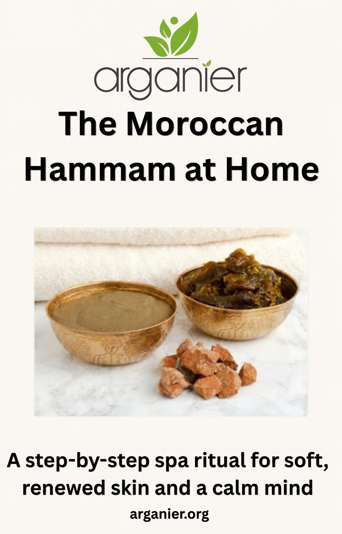The Moroccan Hammam at Home eBook cover by Arganier, black soap and ghassoul clay in copper bowls